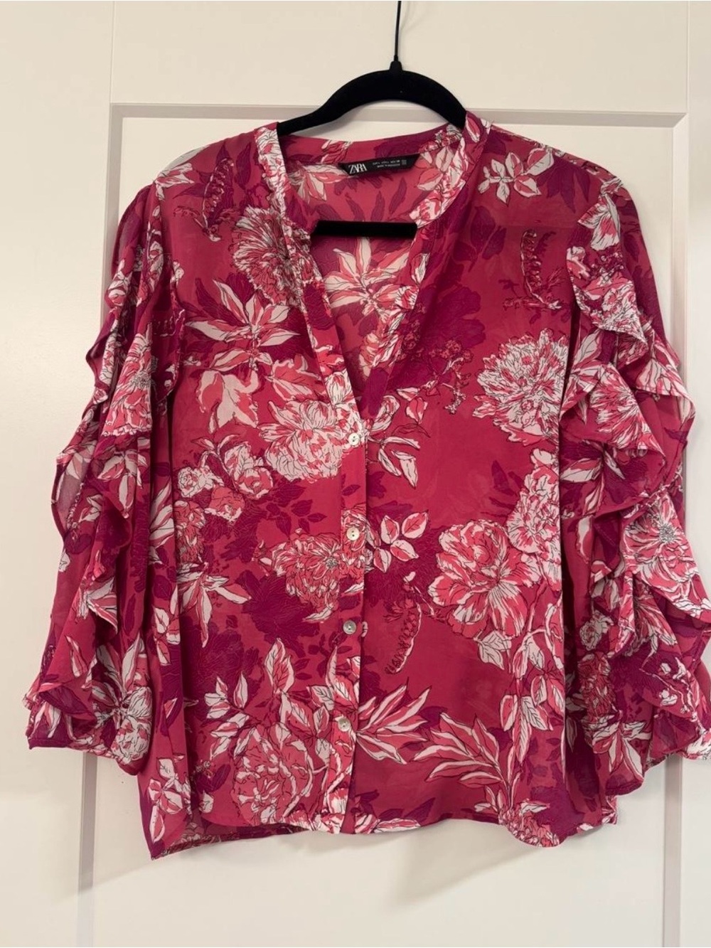 Zara Floral Button-Down Ruffle Sleeve Blouse — Pink & White